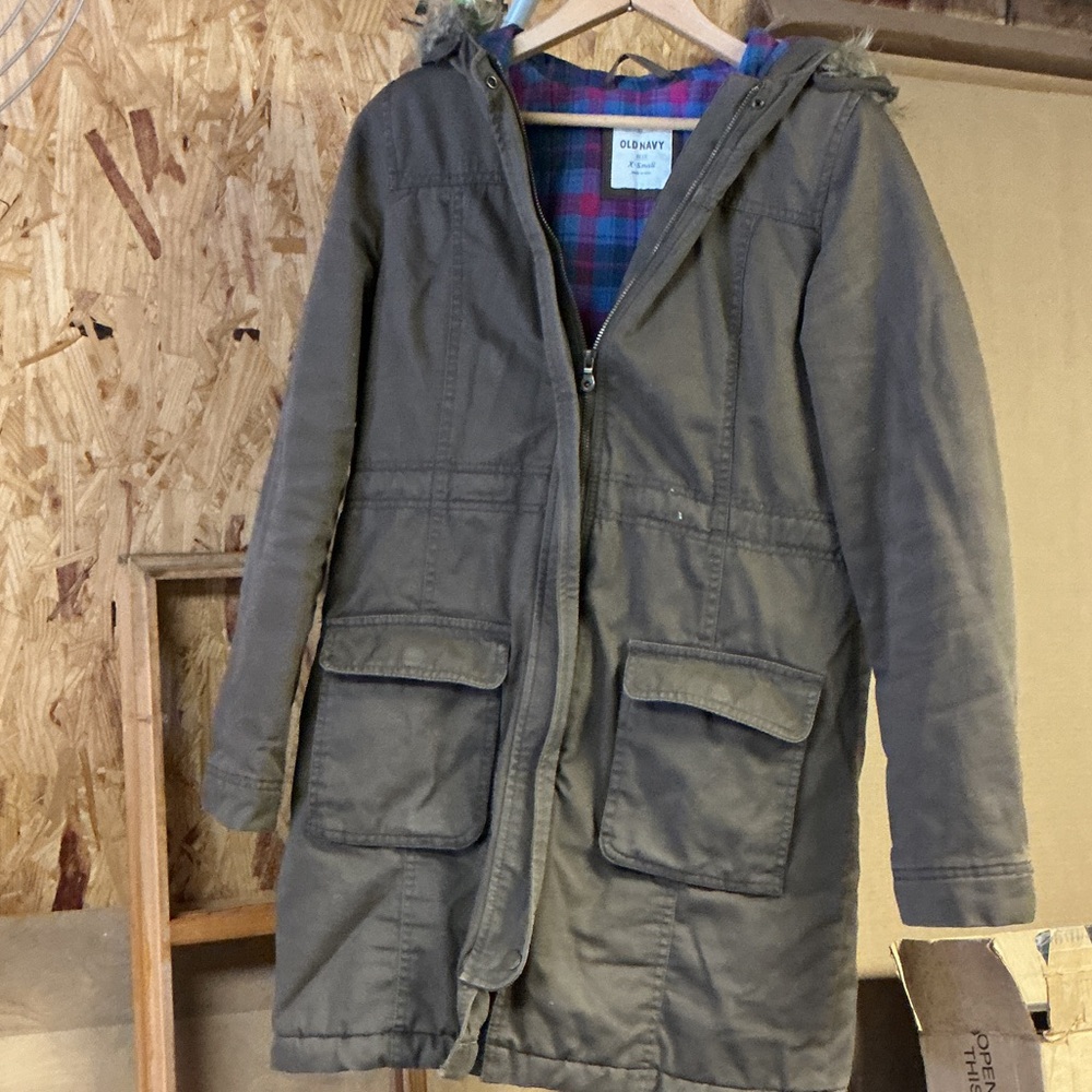 Old Navy Olive Parka with Red and Blue Plaid Lining